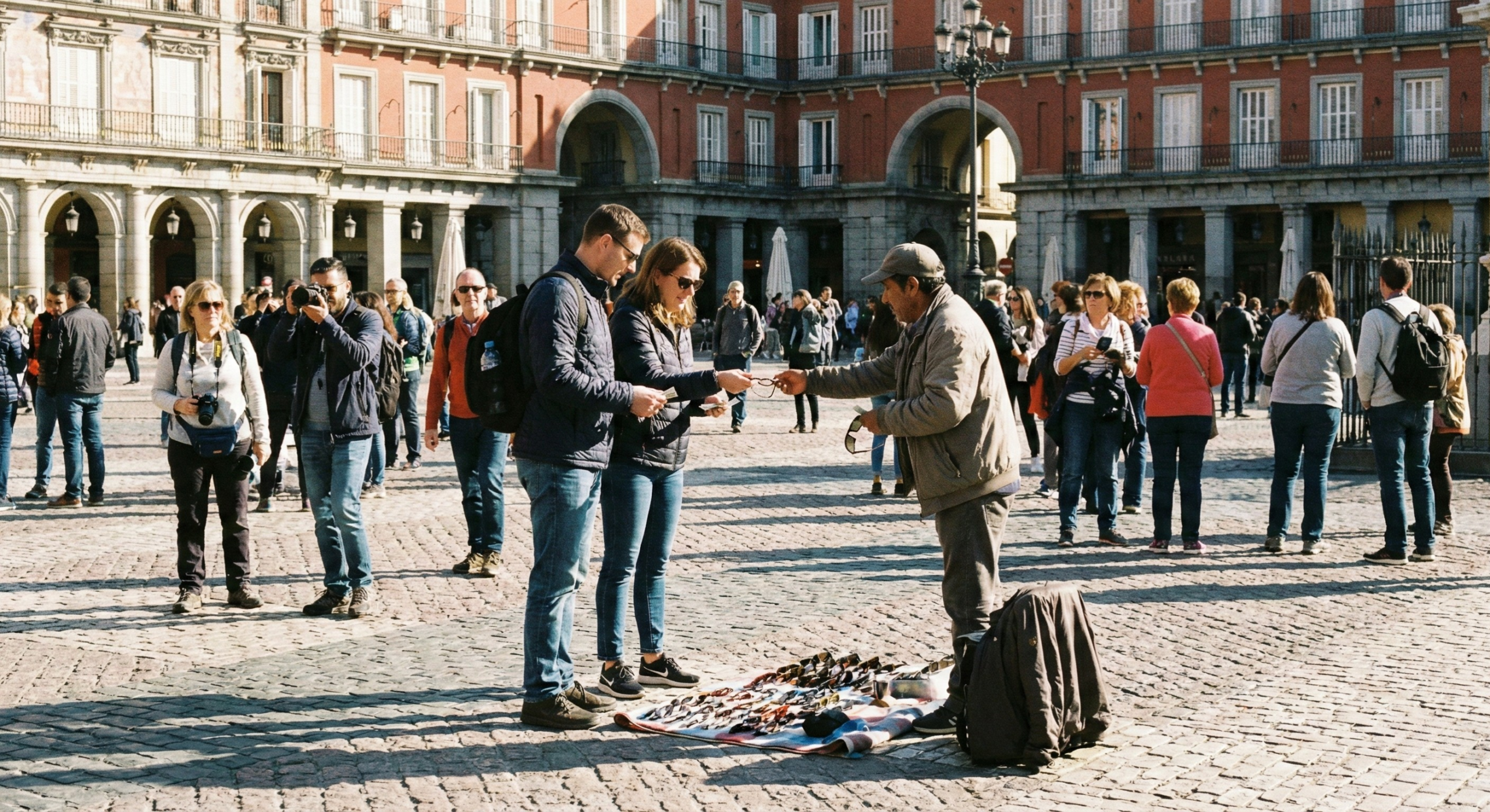 Vendedor ambulante exponiendo gafas de sol en una manta en una plaza concurrida
