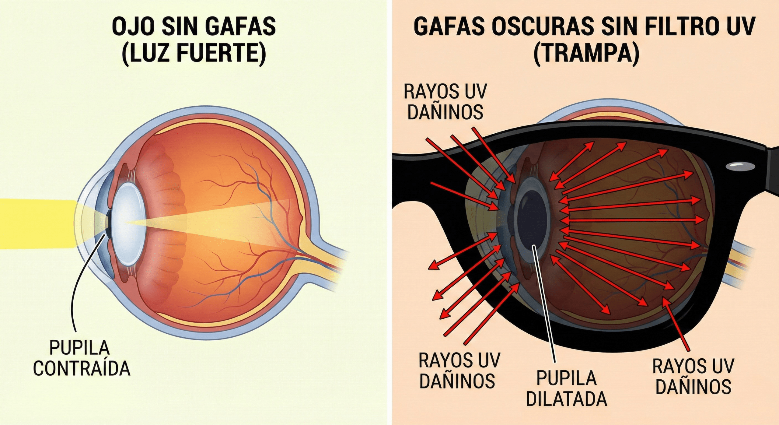 Diagrama comparativo del ojo humano con y sin protección UV adecuada